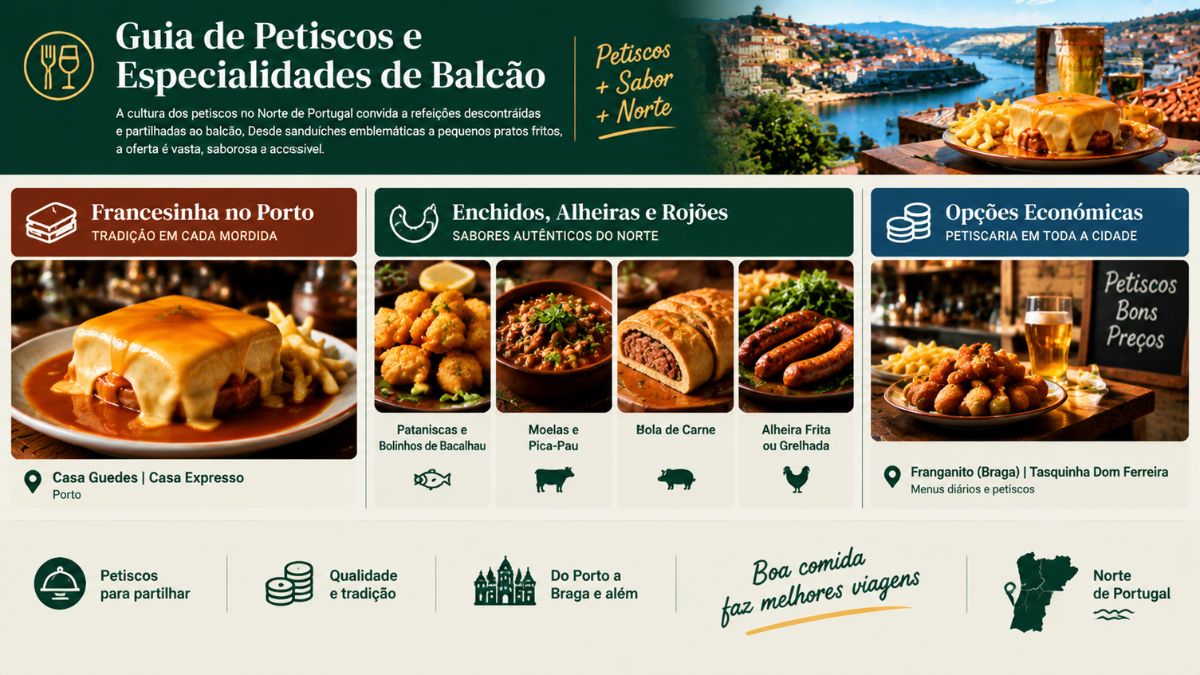 Infográfico com guia de petiscos e especialidades de balcão no Norte de Portugal destacando francesinha no Porto na Casa Guedes e Casa Expresso, rota de enchidos com alheiras e rojões, e opções económicas no Franganito e Tasquinha Dom Ferreira em Braga.