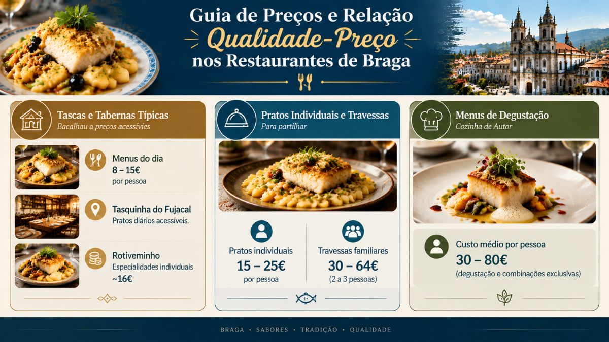 Infográfico com o guia de preços nos restaurantes de bacalhau em Braga, abrangendo tascas típicas, pratos individuais, travessas familiares e menus degustação.