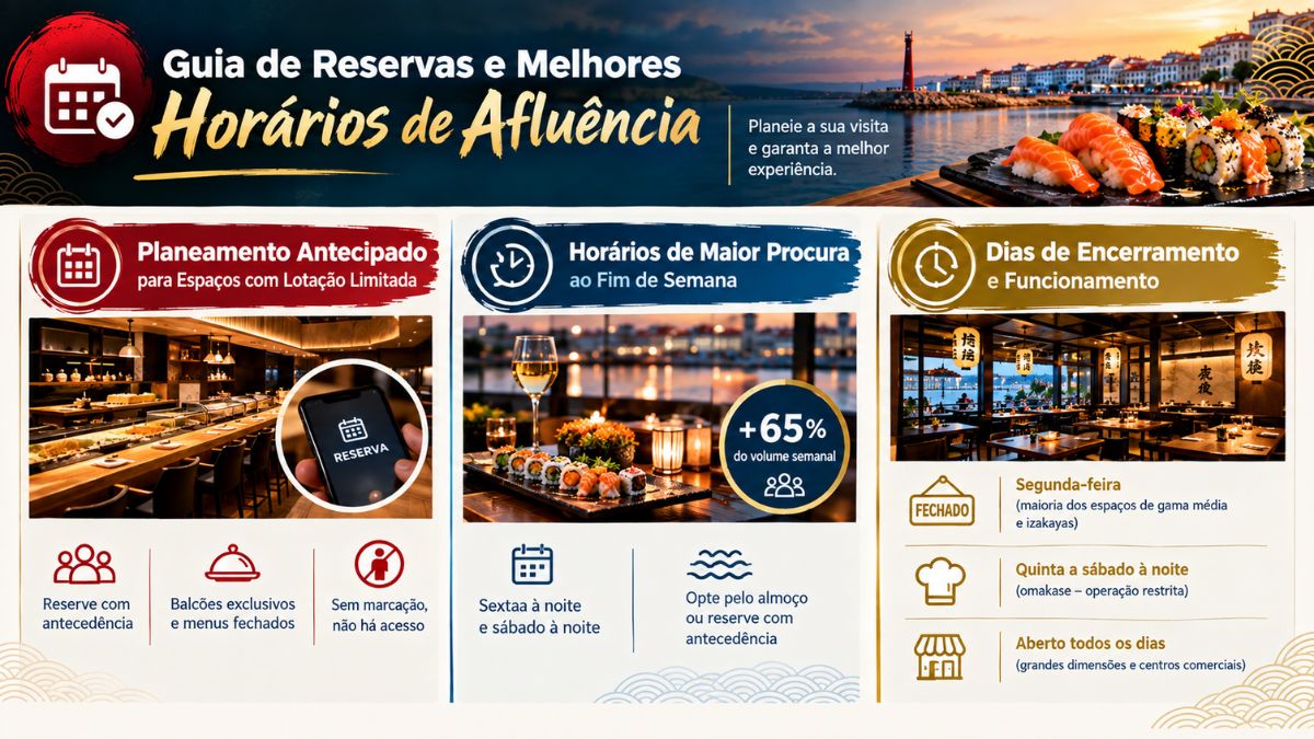 Infográfico com guia de reservas, horários de pico e dias de encerramento dos restaurantes de sushi em Vila do Conde.