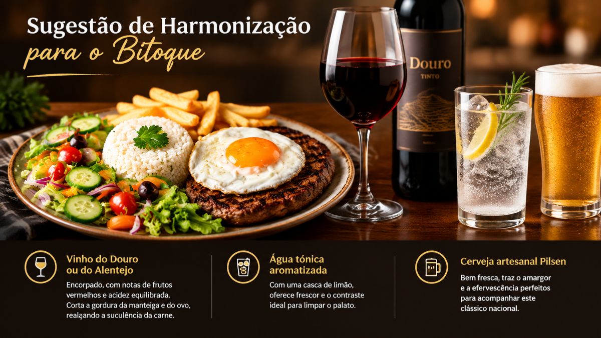 Um prato de bitoque com bife, ovo estrelado, batatas fritas, arroz e salada é apresentado com três opções de bebidas: vinho tinto Douro, água tónica com limão e cerveja artesanal Pilsen.