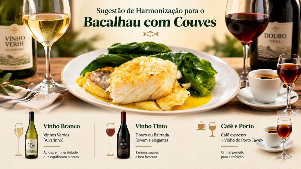 Infográfico com sugestões de harmonização de vinhos e bebidas para acompanhar o prato tradicional de bacalhau com couves.