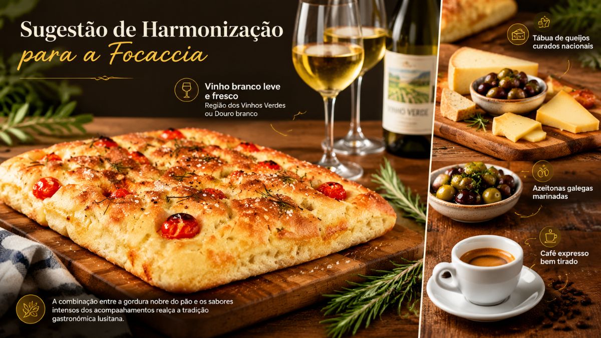 Infográfico com sugestão de harmonização para focaccia italiana, incluindo vinho branco leve, tábua de queijos curados, azeitonas galegas e café expresso.