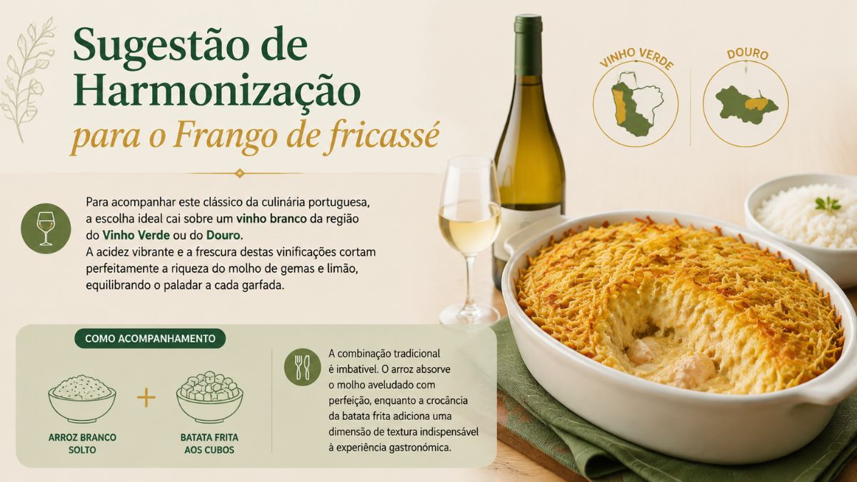 Infográfico com sugestão de harmonização para frango de fricassé recomendando vinho branco do Vinho Verde ou Douro acompanhado por arroz e batata frita.