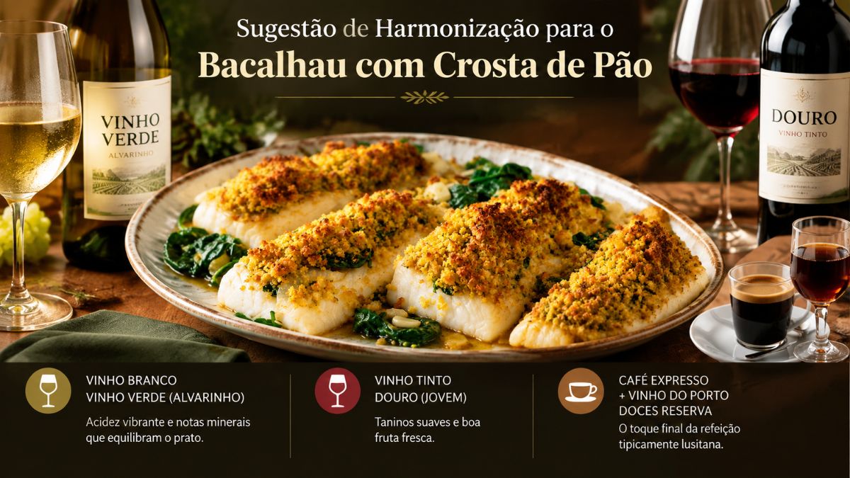 Um infográfico culinário detalhado que apresenta sugestões de harmonização de bebidas para um prato de bacalhau com crosta de pão. A imagem mostra o prato central ladeado por um copo de Vinho Verde Alvarinho à esquerda e uma garrafa de Vinho Tinto Douro à direita, com descrições das características de cada vinho na parte inferior.