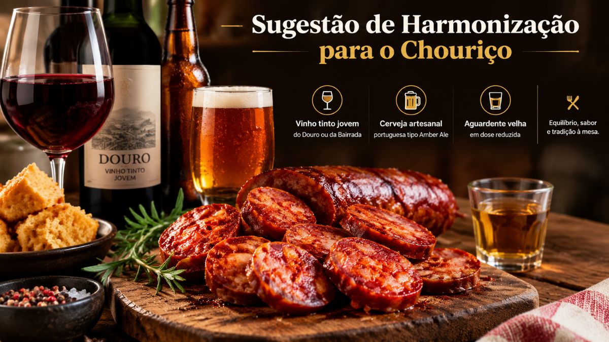 Infográfico explicativo sobre harmonização para chouriço assado, mostrando rodelas de enchido, copo de vinho tinto do Douro, caneca de cerveja artesanal Amber Ale, copo de aguardente e broa de milho numa mesa rústica de madeira.