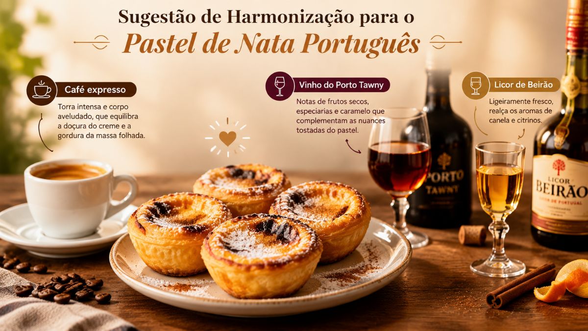 Infográfico ilustrativo com sugestões de harmonização para o pastel de nata português, destacando café expresso de torra intensa, cálice de vinho do Porto Tawny e copo de Licor de Beirão ao lado de um prato com pastéis de nata estaladiços.