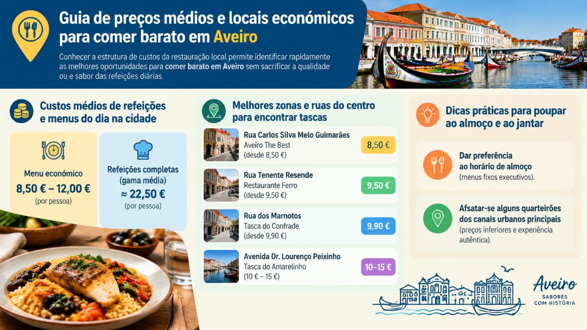 Infográfico sobre onde comer barato em Aveiro detalhando preços de menus económicos, tascas em ruas centrais e dicas para refeições.