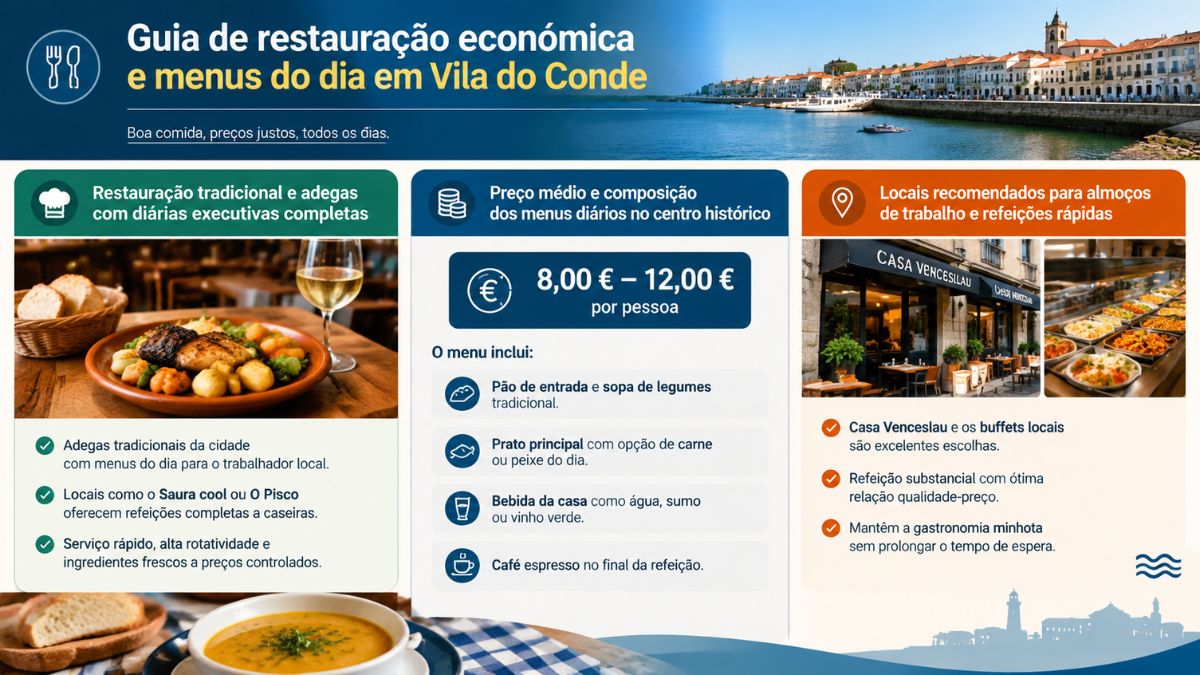 Infográfico explicativo sobre o guia de restauração económica em Vila do Conde com informação sobre menus do dia e preços médios.