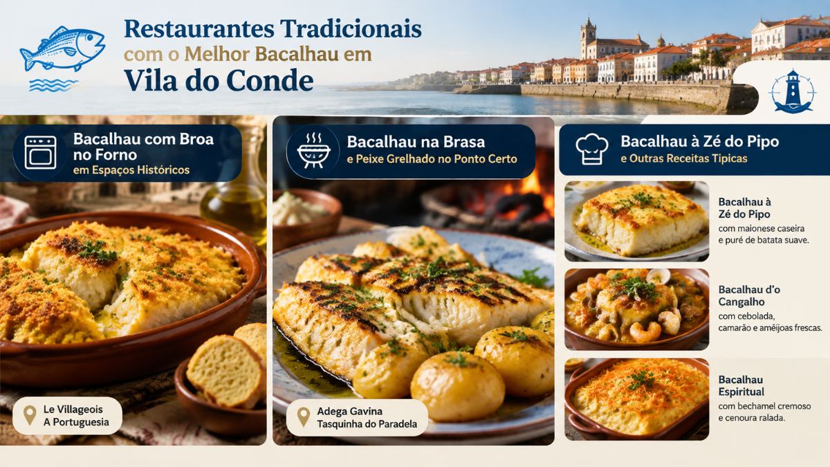 Infográfico com pratos tradicionais de bacalhau em Vila do Conde, incluindo bacalhau com broa, bacalhau na brasa, bacalhau à Zé do Pipo e bacalhau d'o Cangalho.