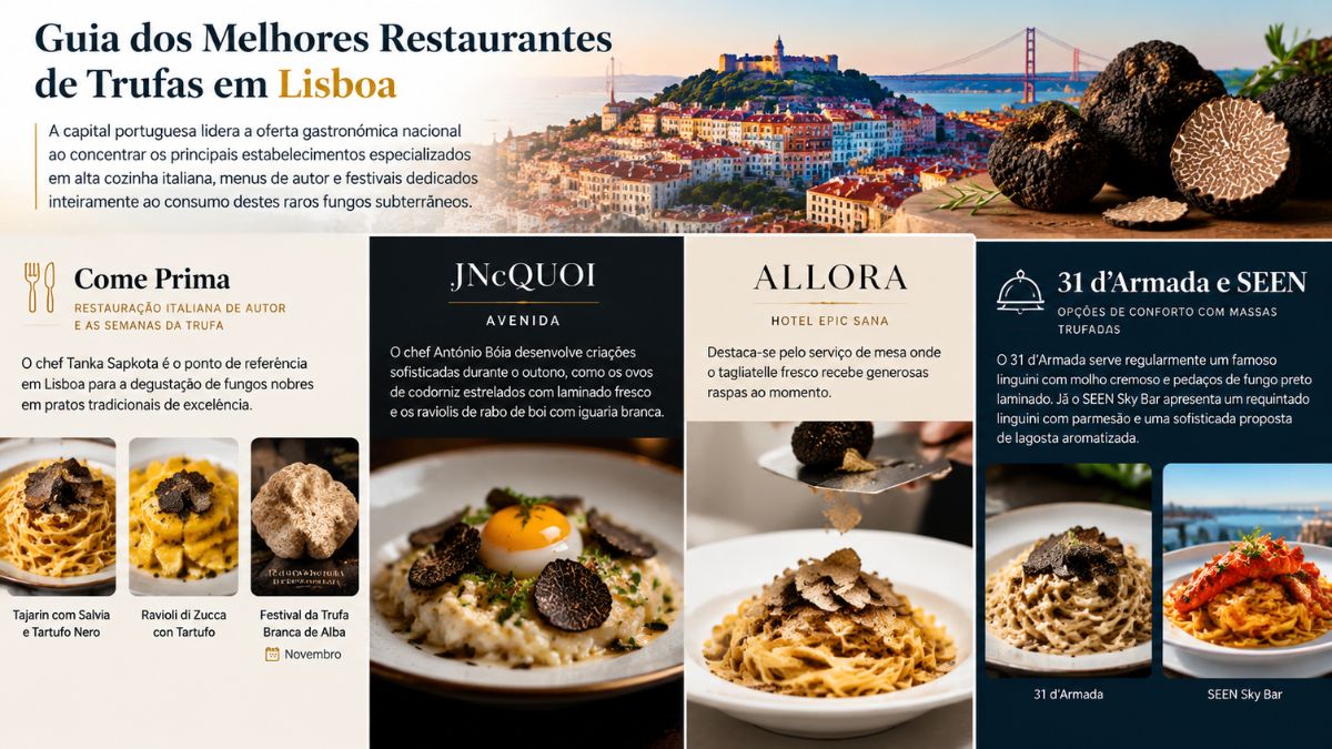 Infográfico com o título Guia dos Melhores Restaurantes de Trufas em Lisboa mostrando pratos dos restaurantes Come Prima, JNcQUOI Avenida, Allora, 31 d'Armada e SEEN Sky Bar sobre fundo panorâmico da cidade de Lisboa.