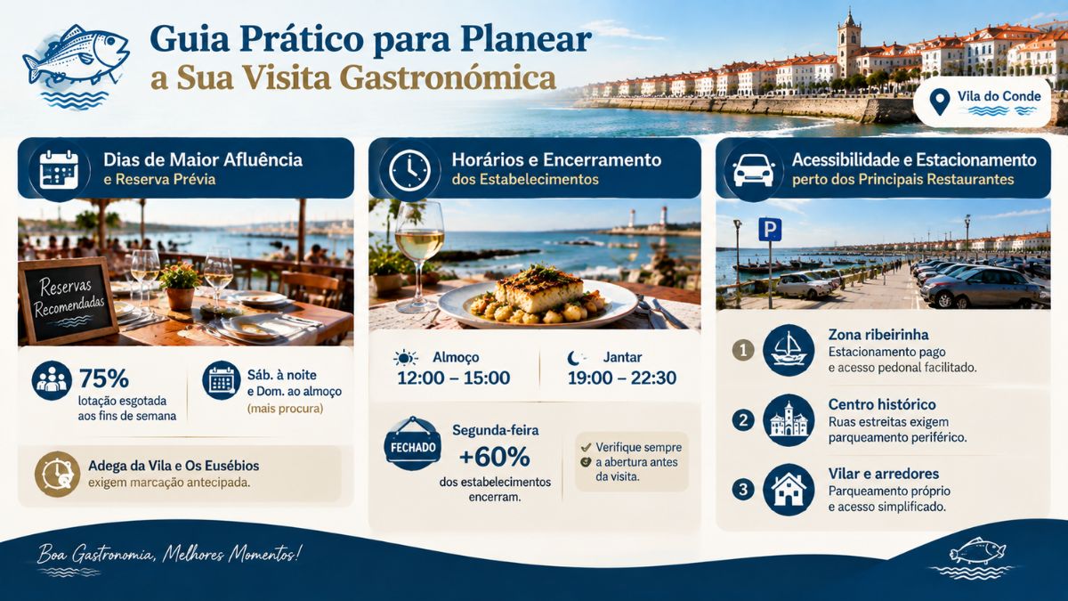 Infográfico com dicas para planear visitas aos restaurantes em Vila do Conde, abordando reservas, horários de funcionamento e estacionamento local.