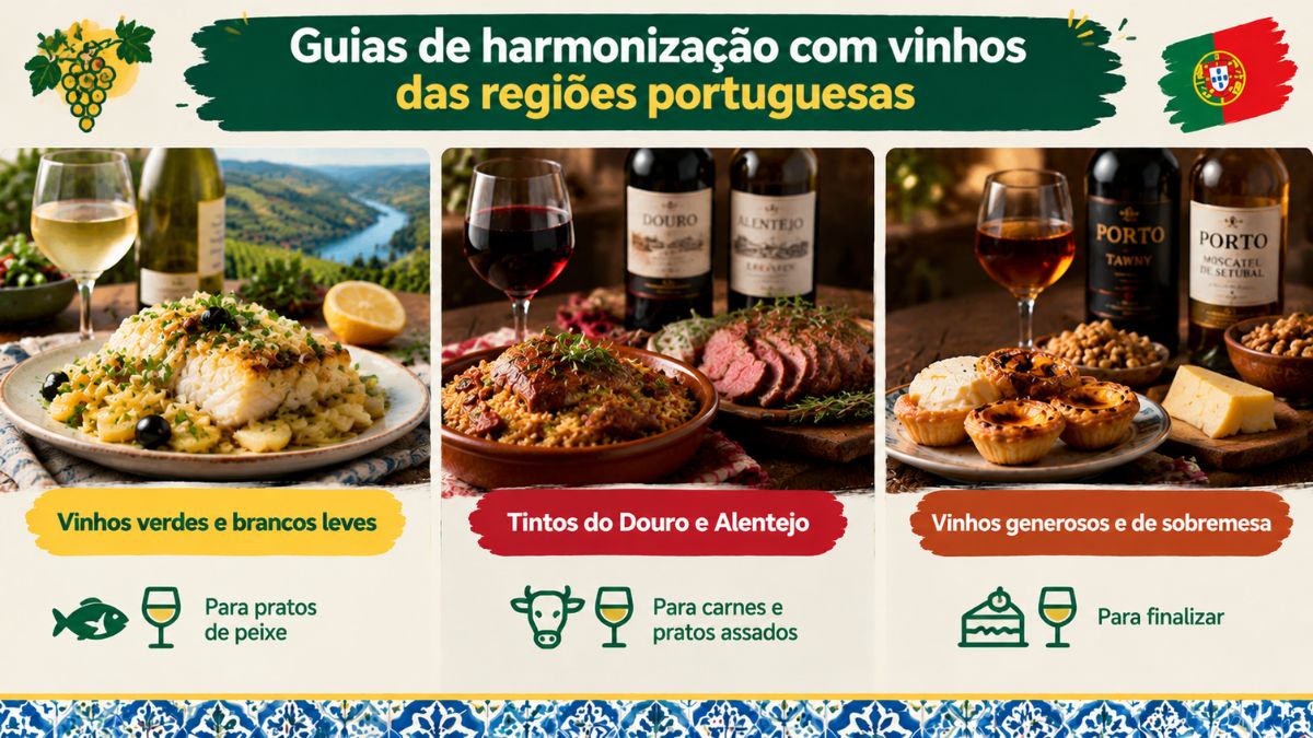 Infográfico com vinhos verdes, tintos do Douro e Alentejo e vinhos de sobremesa harmonizados com pratos da comida portuguesa para o jantar.