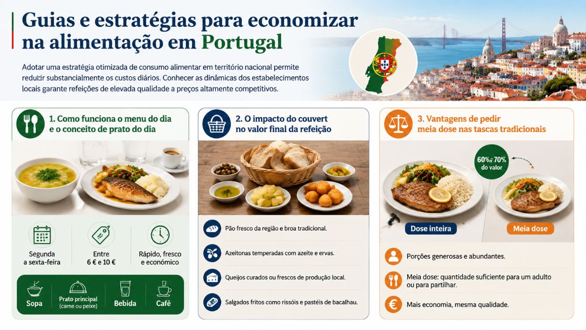 Infográfico explicativo sobre estratégias para economizar na alimentação em Portugal detalhando o funcionamento do menu do dia, a composição do couvert tradicional e as vantagens de pedir meia dose nas tascas.