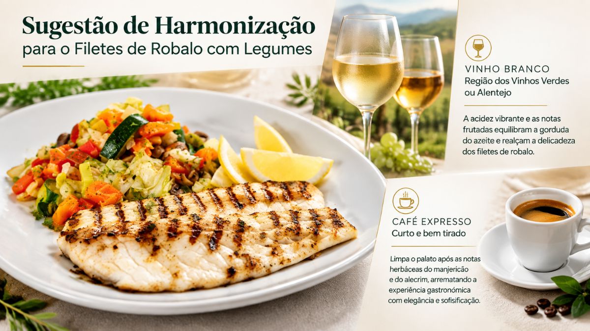 Close up num prato branco com filetes de robalo grelhados servidos com uma salada de legumes coloridos e rodelas de limão, acompanhados por dois copos de vinho branco ao fundo e uma chávena de café expresso no canto inferior direito. O texto no canto superior esquerdo sugere harmonização para Filetes de Robalo com Legumes, destacando Vinho Branco da Região dos Vinhos Verdes ou Alentejo e Café Expresso Curto e bem tirado.
