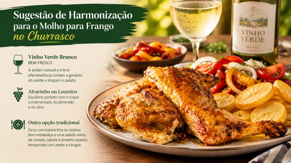 Infográfico com sugestões de harmonização de vinho verde e acompanhamentos para prato de frango grelhado no churrasco.