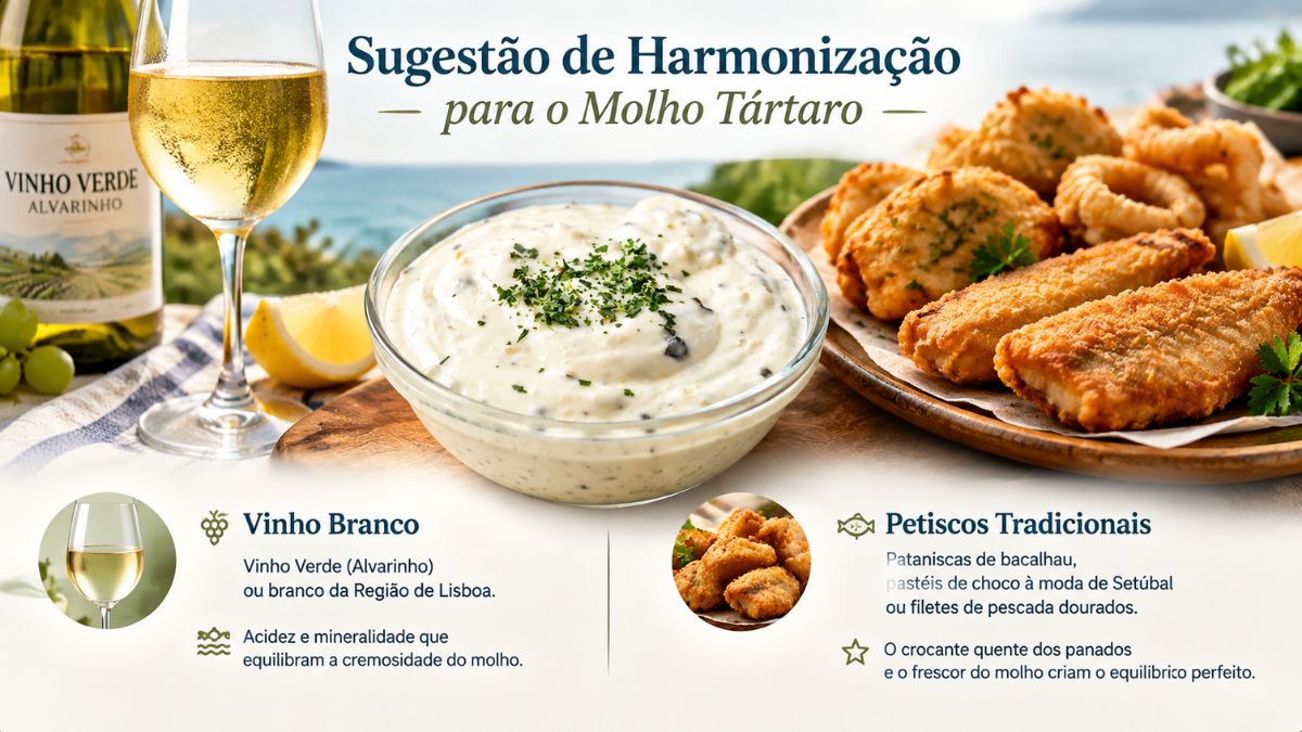 Infográfico com taça de vinho verde Alvarinho, taça de molho tártaro e travessa com pataniscas de bacalhau e petiscos panados.