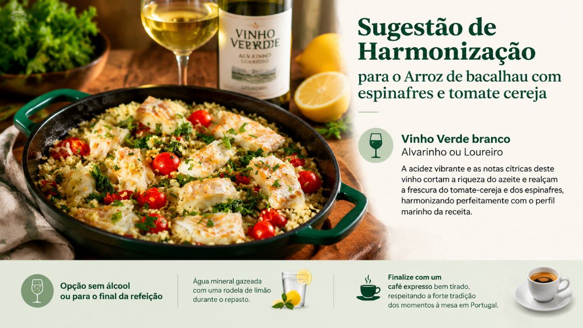 Infográfico com sugestão de harmonização para arroz de bacalhau mostrando um tacho da receita, garrafa de Vinho Verde branco Alvarinho e copo de café expresso.