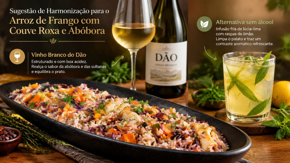 Um prato de arroz de frango com couve roxa e abóbora está sobre uma mesa, com uma garrafa de vinho branco do Dão e uma taça ao lado. Há também uma alternativa sem álcool, uma infusão fria de lúcia lima com raspas de limão em um copo com gelo. A imagem contém texto explicativo.