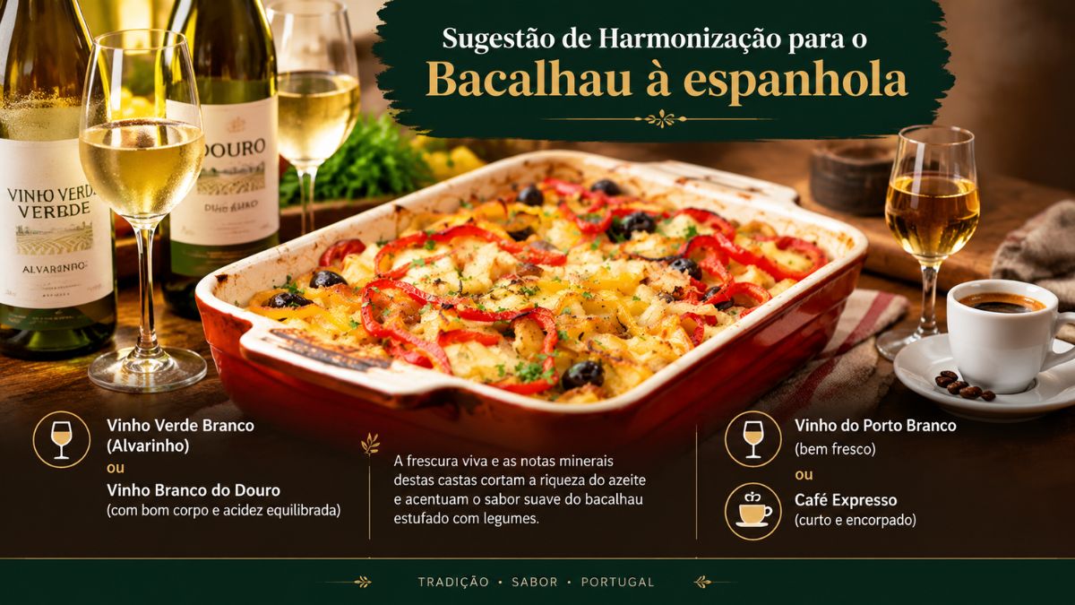 Prato de bacalhau à espanhola servido numa assadeira com tiras de pimento vermelho e azeitonas, acompanhado por copos de vinho verde alvarinho, vinho do Douro e café expresso.