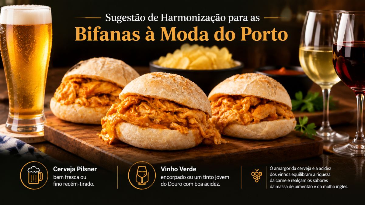 Infográfico com três bifanas no pão ao centro cercadas por um copo de cerveja pilsner à esquerda e taças de vinho verde e tinto à direita com texto de sugestão de harmonização.