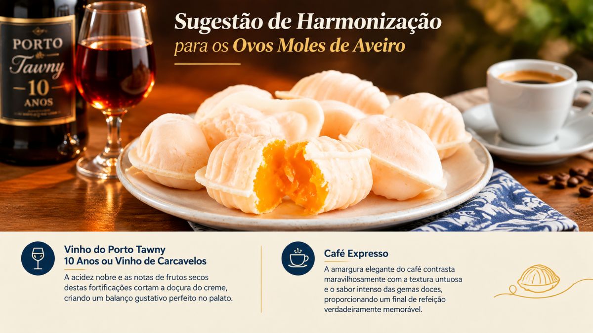 Infográfico com prato de ovos moles de aveiro ao centro acompanhado por um copo de vinho do Porto Tawny e uma chávena de café expresso.