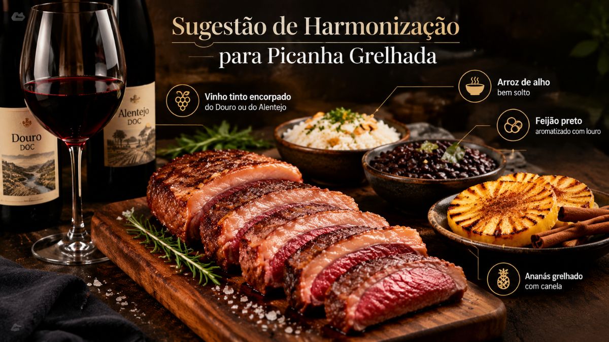 Fatias de picanha grelhada numa tábua de madeira com arroz, feijão preto, ananás grelhado e vinhos tintos do Douro e Alentejo.