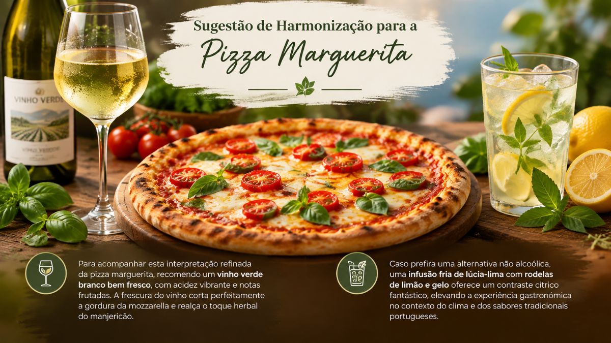 Infográfico gastronómico de harmonização para pizza marguerita mostrando uma taça de vinho verde branco e um copo de infusão fria de lúcia-lima com limão.