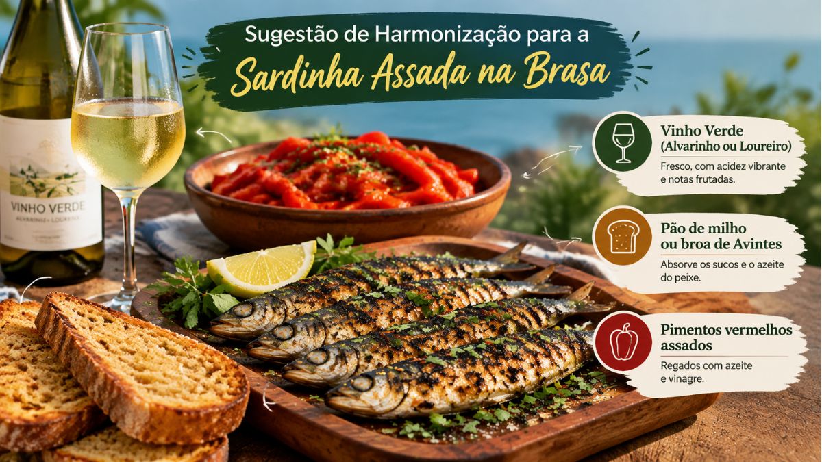Guia de harmonização para sardinha assada na brasa com copo de vinho verde, pão de milho torrado e pimentos vermelhos assados.