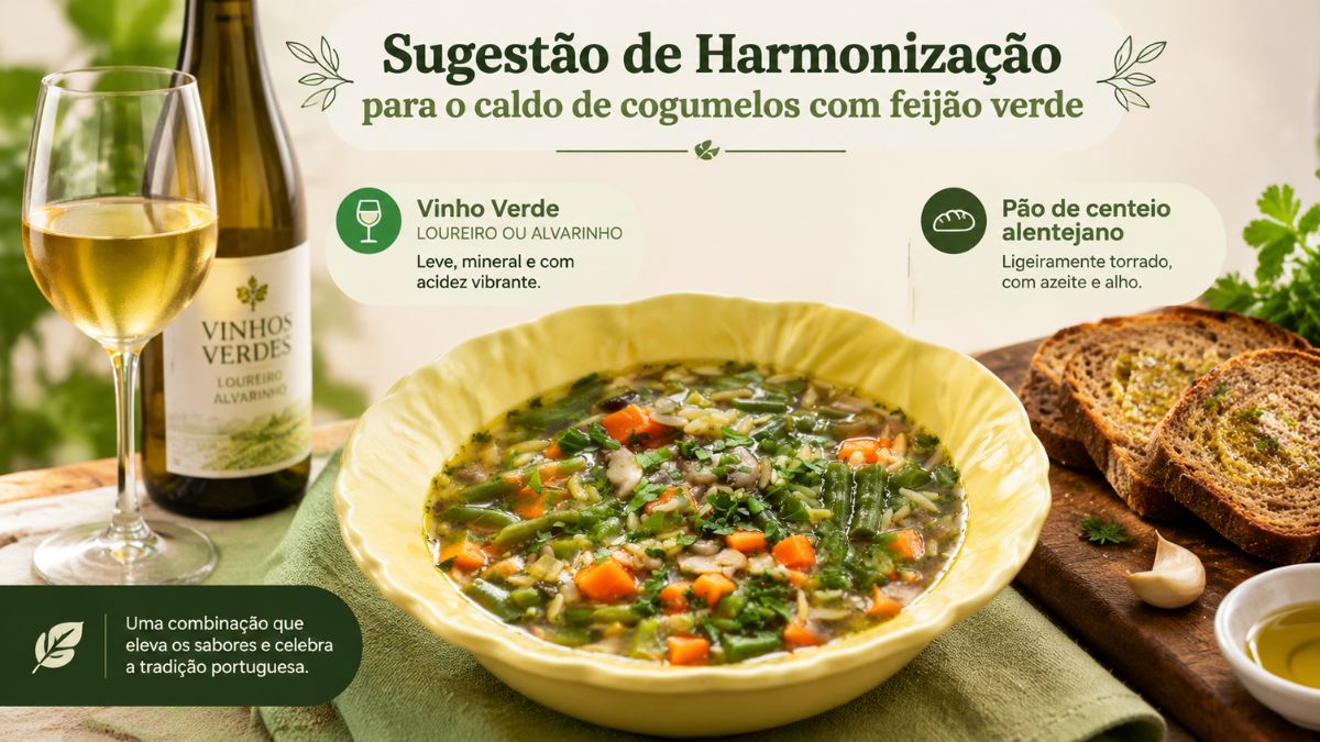 Um guia visual mostra uma mesa de madeira com uma taça de sopa de cogumelos e feijão-verde ao lado de fatias de pão de centeio alentejano e uma garrafa de Vinho Verde Loureiro ou Alvarinho. Ícones verdes destacam as sugestões de harmonização. O fundo é suave com plantas e uma toalha axadrezada.