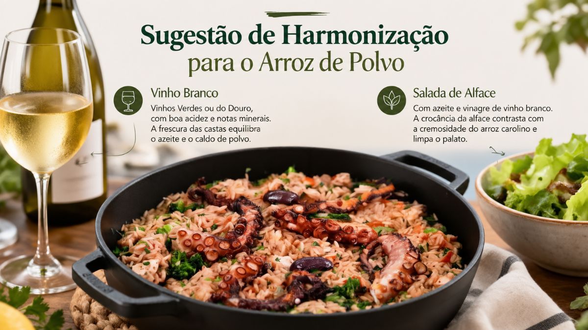 Imagem informativa com sugestão de harmonização para arroz de polvo. Mostra uma panela de arroz de polvo, um copo de vinho branco fresco e uma taça de salada de alface verde, com textos explicativos sobre a combinação ideal de sabores.