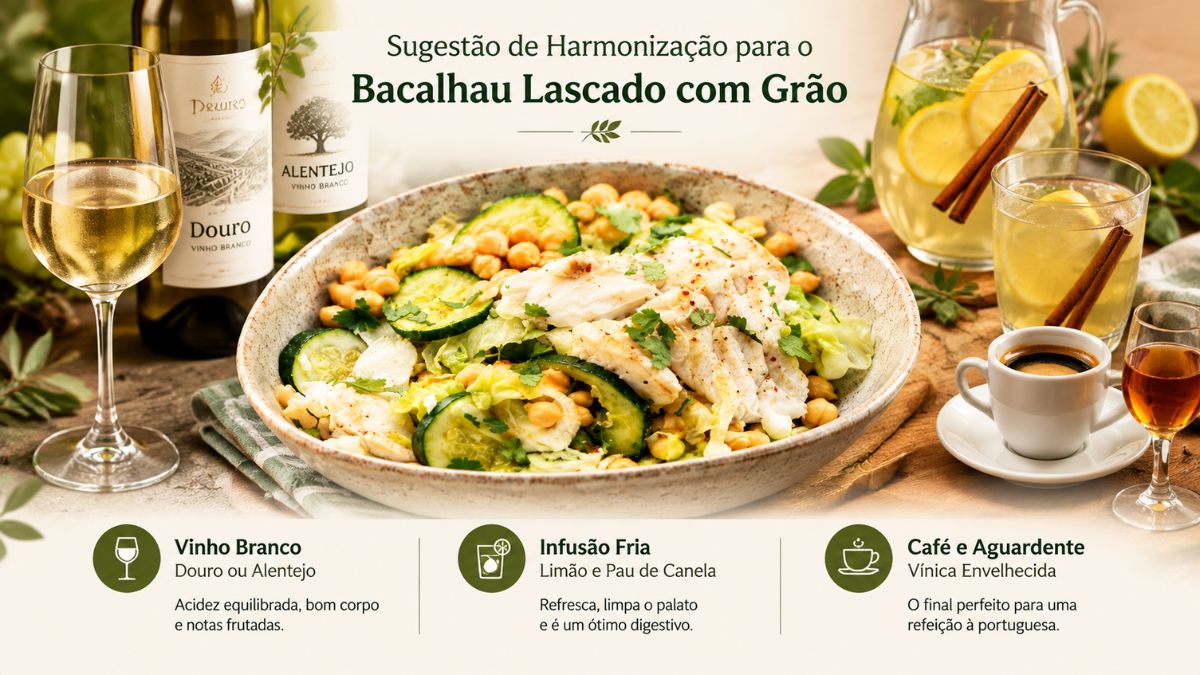 Prato de bacalhau lascado com grão-de-bico acompanhado por taça de vinho branco, infusão de limão e café expresso com aguardente.