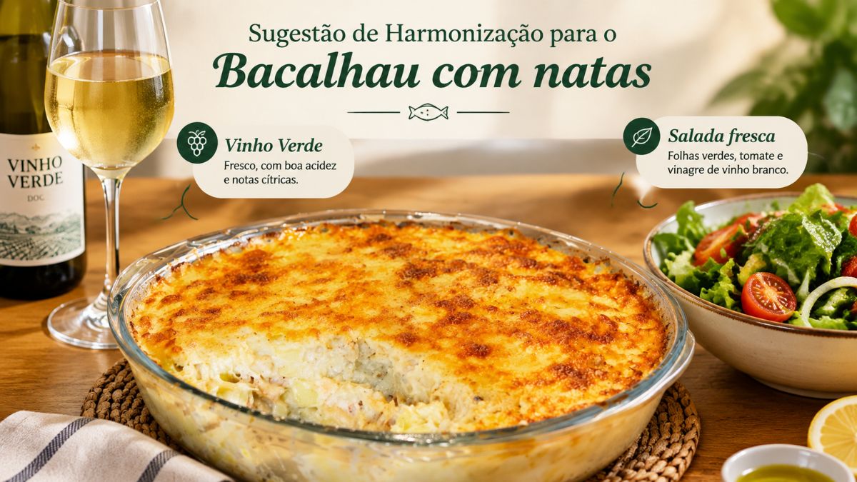 Mesa posta com bacalhau com natas gratinado, uma garrafa e taça de vinho verde, e uma tigela de salada fresca de folhas verdes e tomate. O texto na imagem sugere vinho verde e salada fresca como harmonizações ideais para o prato de bacalhau.