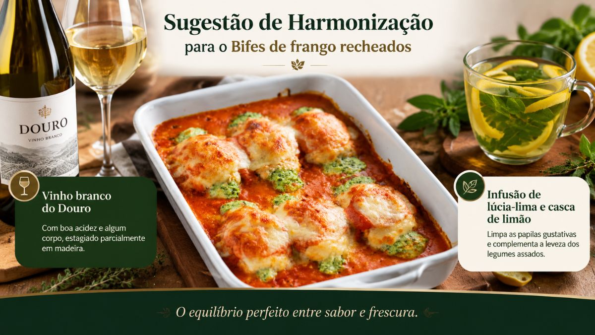 Imagem exibe uma travessa de bifes de frango recheados em molho de tomate, acompanhados por um copo e garrafa de vinho branco do Douro e uma xícara de infusão de lúcia-lima com limão. Inclui texto "Sugestão de Harmonização" no topo.