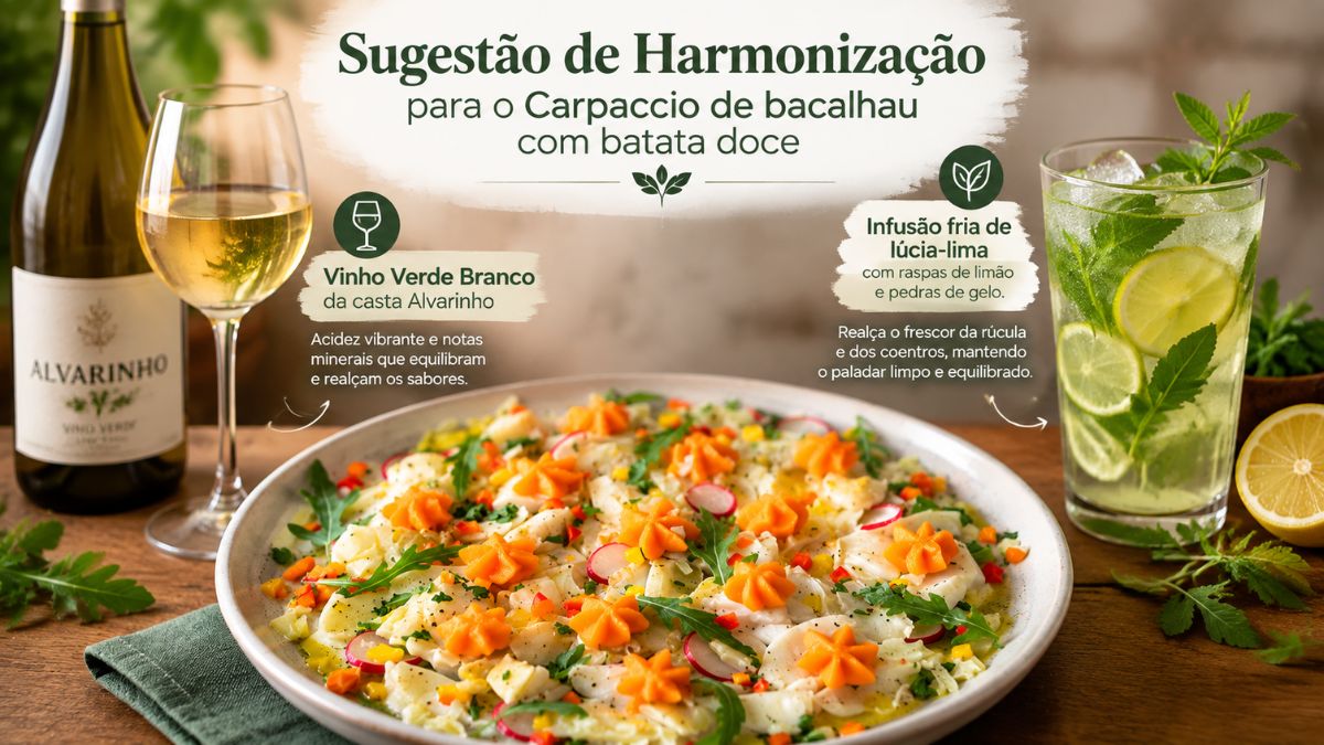 Infográfico explicativo com sugestões de harmonização para carpaccio de bacalhau com batata doce, exibindo uma garrafa e um copo de Vinho Verde Alvarinho à esquerda, o prato centralizado e um copo de infusão fria de lúcia-lima com limão e gelo à direita.