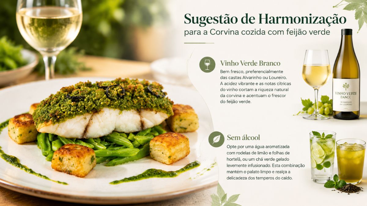 Uma imagem de guia de culinária que apresenta um prato de corvina cozida com feijão verde, ao lado de sugestões de bebidas. O prato de peixe está no lado esquerdo, coberto com crosta de ervas e azeitonas, servido com feijão verde e gnocchi frito. No lado direito, há um título "Sugestão de Harmonização" com texto detalhado. Duas seções de bebidas são mostradas: Vinho Verde Branco (com uma garrafa de Alvarinho e uma taça) e Sem Álcool (com água de limão e hortelã e chá verde gelado). O fundo é claro e focado nos ingredientes frescos.