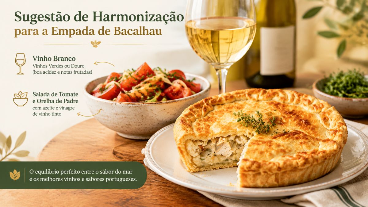 Infografia gastronómica sobre harmonização para empada de bacalhau, apresentando um copo de vinho branco do Douro ou Vinho Verde, uma taça de salada de tomate com orelha de padre e a empada de bacalhau dourada servida num prato de cerâmica.
