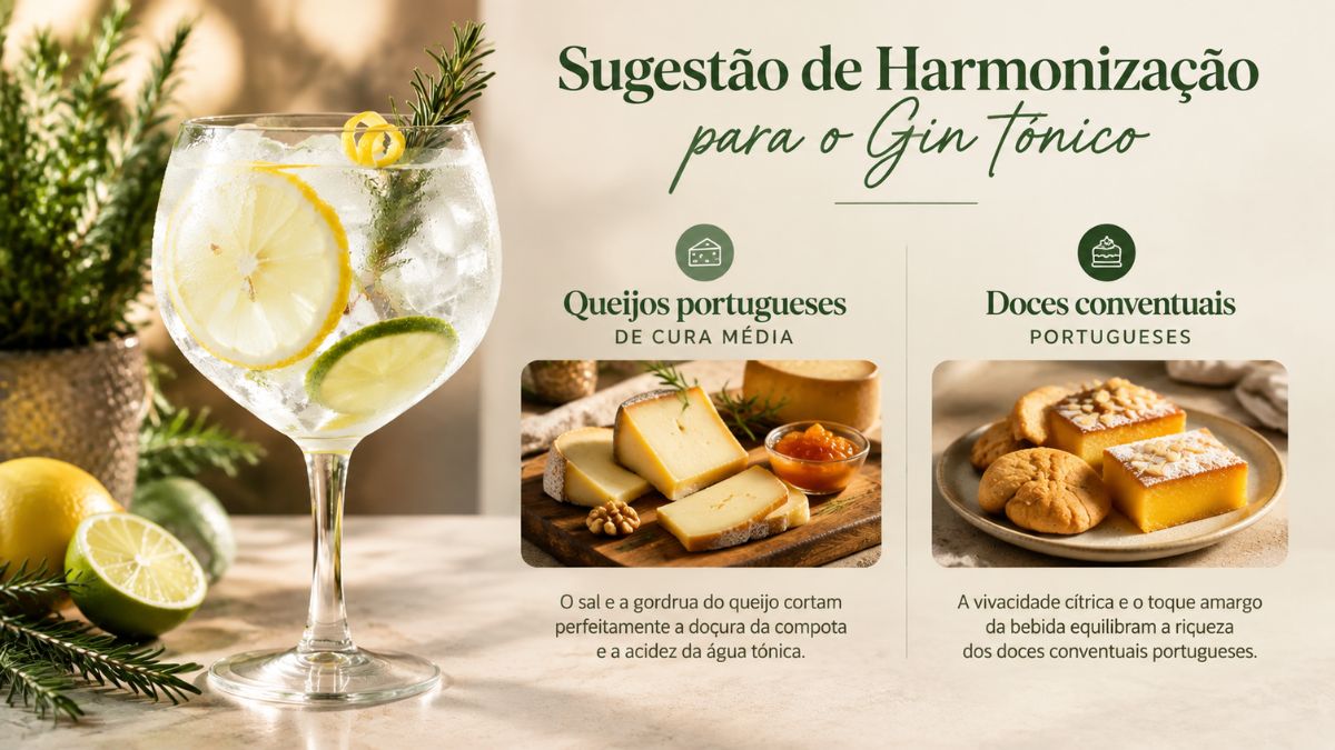 Infográfico explicativo com sugestões de harmonização para gin tónico, apresentando um copo de cocktail gelado com citrinos à esquerda e duas opções gastronómicas à direita, sendo queijos portugueses de cura média e doces conventuais tradicionais.