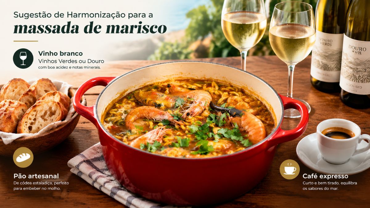 Infográfico com tacho de massada de marisco acompanhada por copos de vinho branco pão artesanal e café expresso.