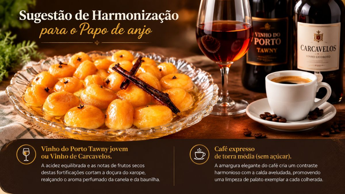 Uma travessa de cristal cheia de papos de anjo com calda de canela, uma taça de Vinho do Porto Tawny, garrafas de Vinho do Porto e Carcavelos, e uma chávena de café expresso, com textos explicativos.