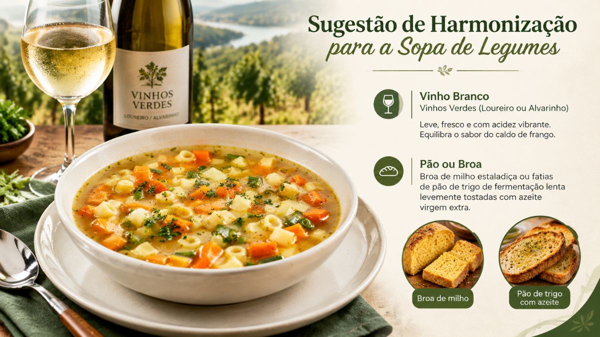 Infográfico com sugestão de harmonização para sopa de legumes mostrando garrafa de vinho verde, copo de vinho branco, broa de milho e pão de trigo com azeite.