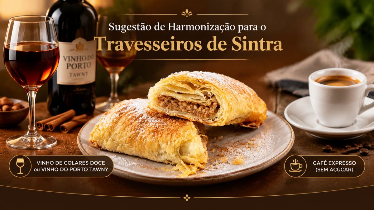 Travesseiro de Sintra servido num prato acompanhado por um cálice de Vinho do Porto Tawny e uma xícara de café expresso.