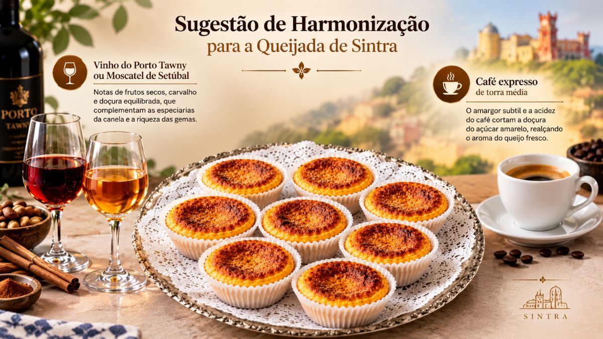 Infografia com sugestões de harmonização de Vinho do Porto Tawny, Moscatel de Setúbal e café expresso para Queijada de Sintra.