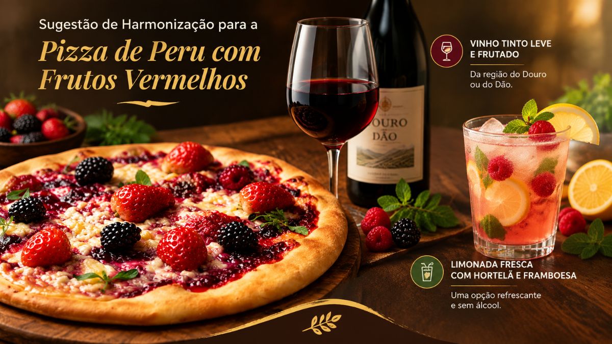 Uma pizza artesanal coberta com peru, morangos, amoras e mirtilos, apresentada ao lado de sugestões de bebidas. À direita, vê-se um copo de vinho tinto e uma garrafa com rótulo "OURO DÃO", seguidos por um copo de limonada fresca rosa com hortelã, framboesas e fatias de limão. O texto na imagem sugere vinho tinto leve e frutado do Douro ou Dão e limonada fresca como opção sem álcool.