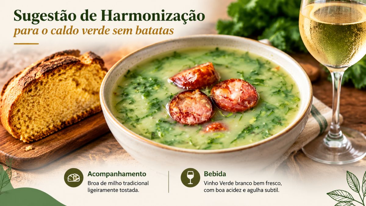 Infográfico com sugestão de harmonização para caldo verde sem batata acompanhado por broa de milho tostada e um copo de vinho verde branco.