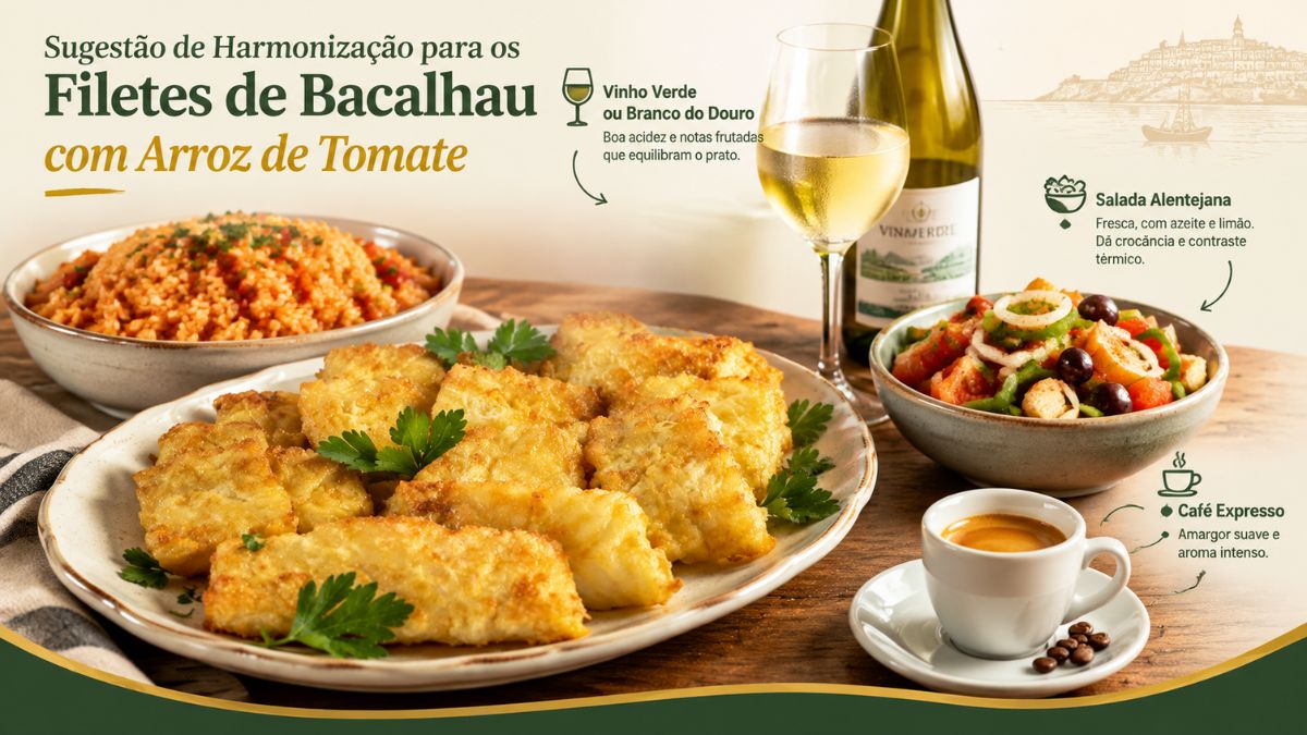 Infográfico de harmonização culinária para filetes de bacalhau com arroz de tomate, mostrando uma travessa de peixe frito, taça de vinho branco, salada alentejana e café expresso.