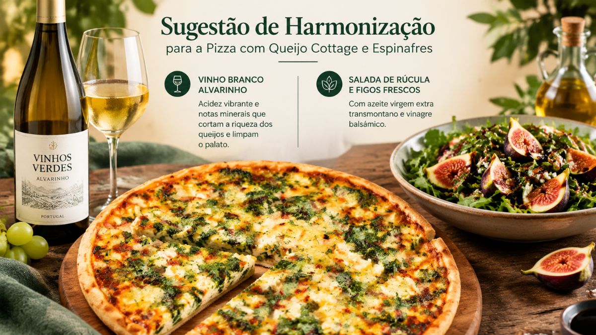 Mesa com pizza de queijo cottage e espinafres, garrafa de vinho branco Alvarinho, copo e salada de rúcula com figos frescos.