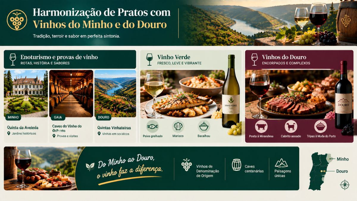 Infográfico de harmonização de pratos com vinhos do Minho e do Douro destacando enoturismo em rotas de vinho, vinho verde para peixe grelhado, marisco e bacalhau, e vinhos do Douro encorpados para posta à mirandesa, cabrito assado e tripas à moda do porto.