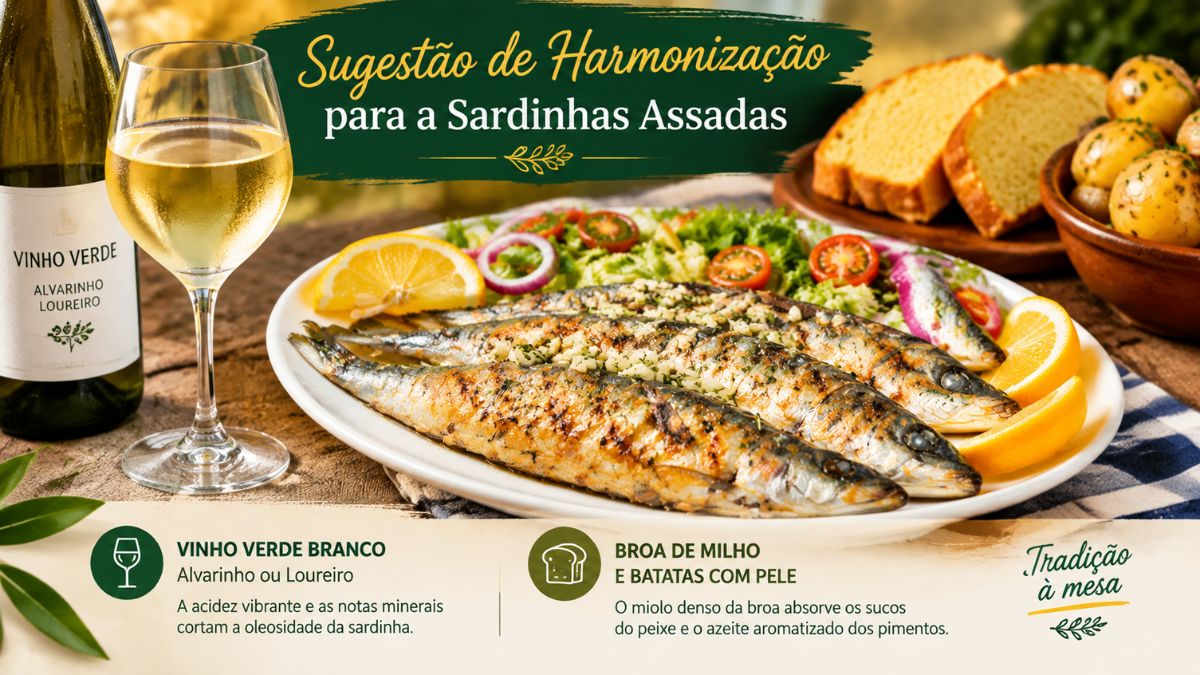 Um infográfico fotográfico que mostra um prato de sardinhas assadas grelhadas no centro, uma taça e uma garrafa de vinho verde branco Alvarinho Loureiro à esquerda e broa de milho e batatas com pele à direita, com texto de sugestão de harmonização.