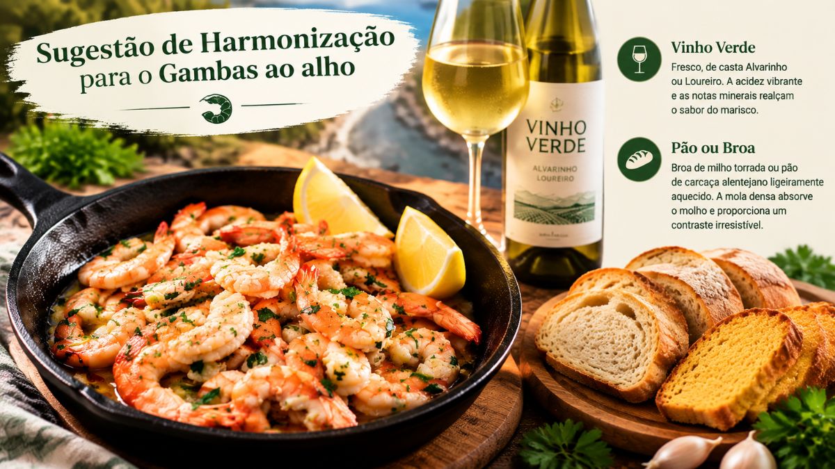 Infográfico de gastronomia portuguesa mostra harmonização para gambas ao alho. Uma frigideira de ferro com camarões fritos ao alho e limão está ao lado de uma garrafa e um copo de Vinho Verde Alvarinho Loureiro e fatias de pão ou broa torrada. O texto no infográfico detalha as sugestões de harmonização.