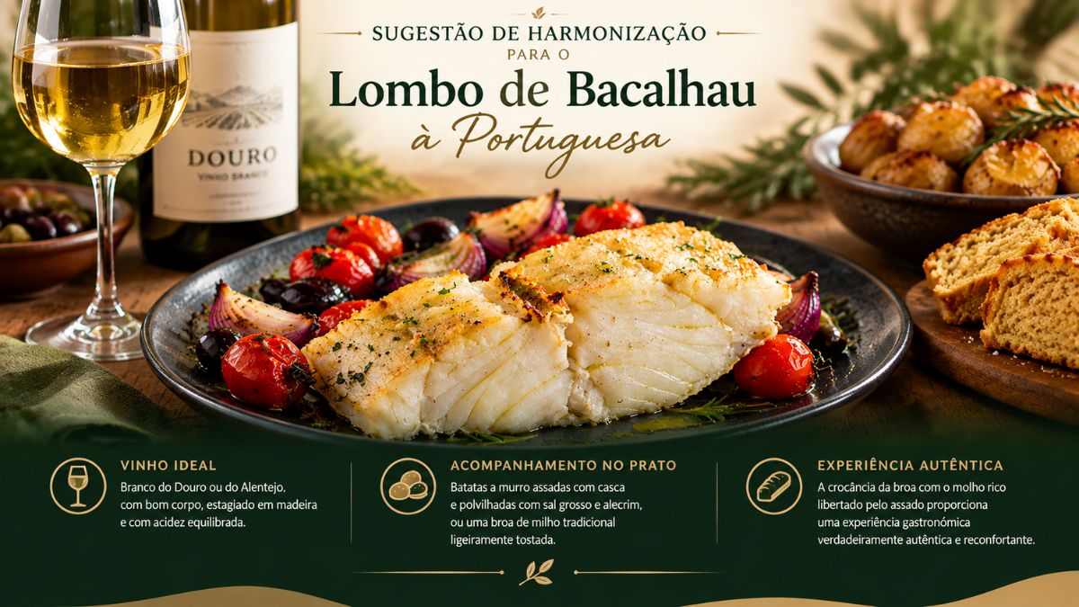Um prato de lombo de bacalhau assado no forno com tomate cereja e cebola roxa ao lado de um copo de vinho branco do Douro. Abaixo, ícones e texto detalham a harmonização ideal com vinho, acompanhamento de batatas a murro e broa de milho, e a experiência autêntica.